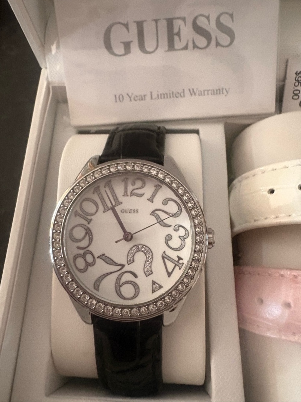 GUESS Women's Silver Dial Watch with Black, White & Pink Interchangeable Straps
